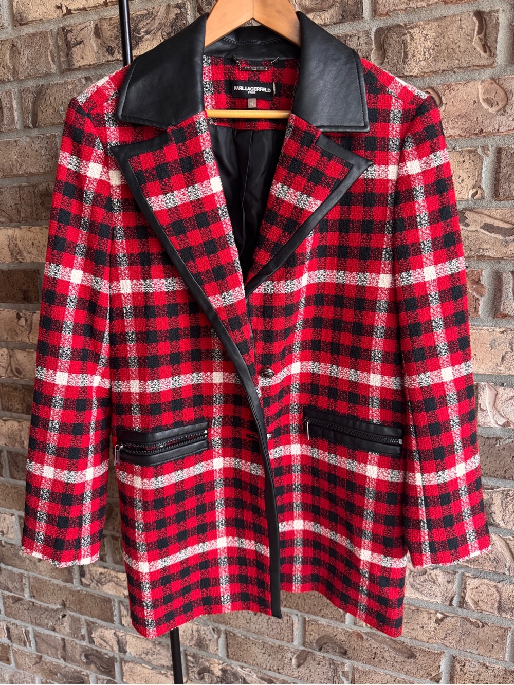 Karl Lagerfeld Paris Plaid Faux Leather Trim Long Blazer Jacket Size 10 - Picture 12 of 16